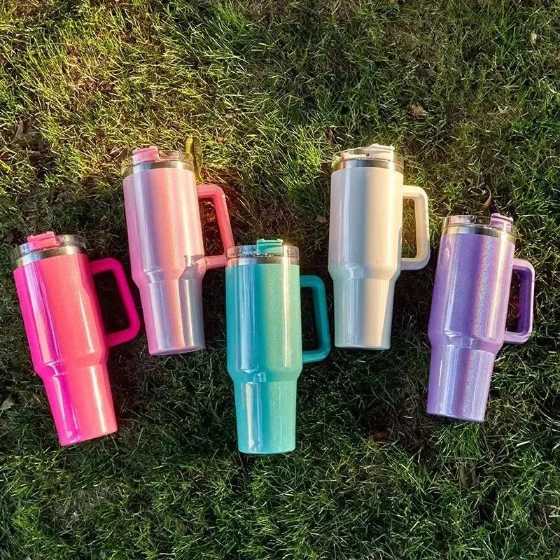 Handle Insulated Cup Ice Cream Cup Car Large Capacity Stainless Steel Rainbow Paint 40oz Car Cup Straw