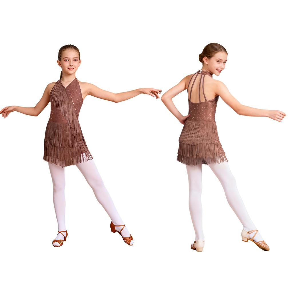 Kids Girls Latin Leotard Dress Dance Costume Rhinestones Fringe Bodysuit Skirted Dress Halter V-neck Sleeveless Tassel Jumpsuit