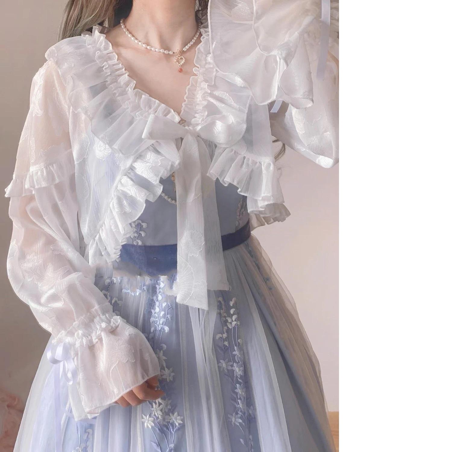 

Юбка на подтяжках с шифоновым кардиганом с рукавами-фонариками и бантом Солнцезащитная рубашка Lolita Seaside Summer Солнцезащитная рубашка L белый