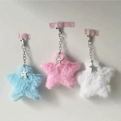 Star Plush Pendant Keychains for Women Girls Pink Blue Pentagram Hairball Key Chains Bag Charms Keyring Ornament Accessories