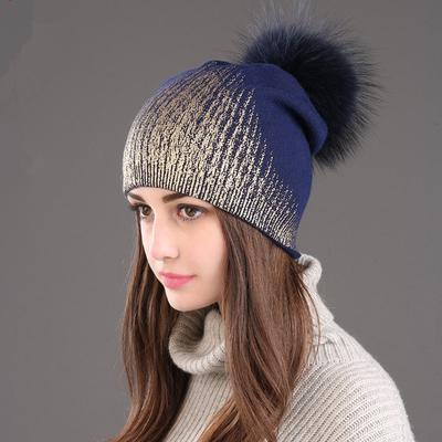 Winter Warm Wool Knitted Hat Women's Gold Silver Hat Raccoon Ball Fur Wool Hat