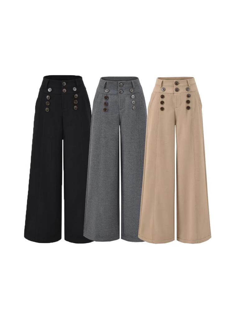 Retro Double-Breasted Wide-Leg Women's Faux Cashmere Pants - Autumn/Winter Loose Fit