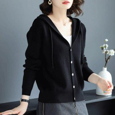 Women's Loose Hooded Knit Cardigan Short Casual Cardigan Loose Solid Color Hooded Jacket