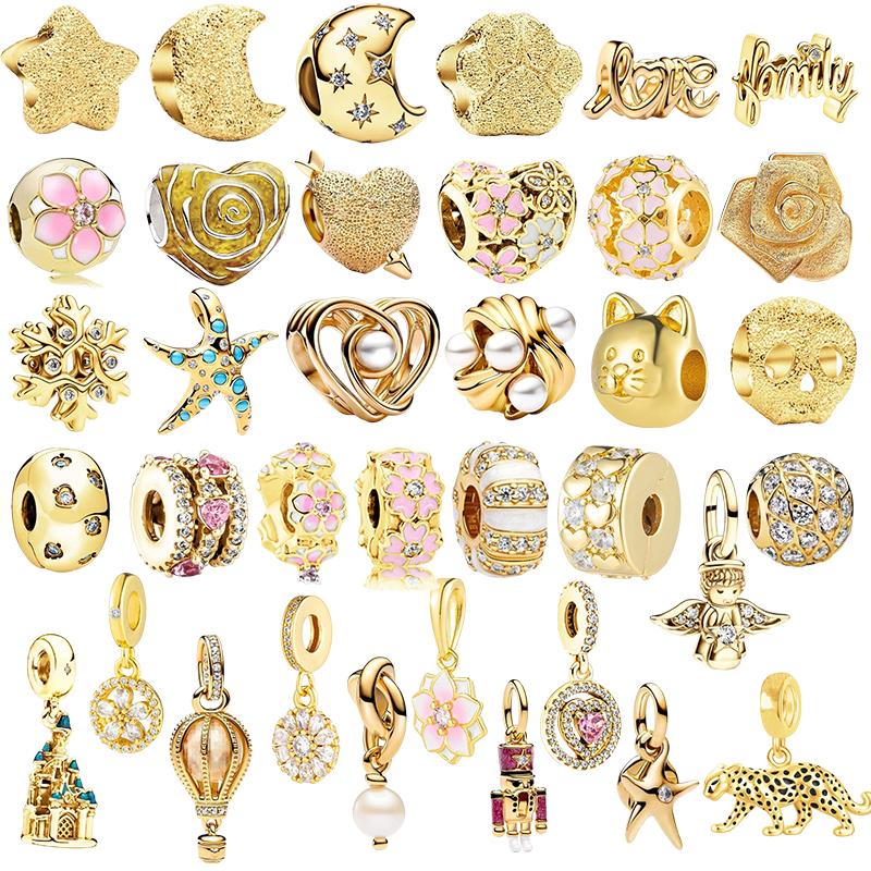Sparking Gold Plated Charm Beads Dangle Original Snake Fit Copper Bracelet Necklace Beads For Diy Jewelry Women Gift