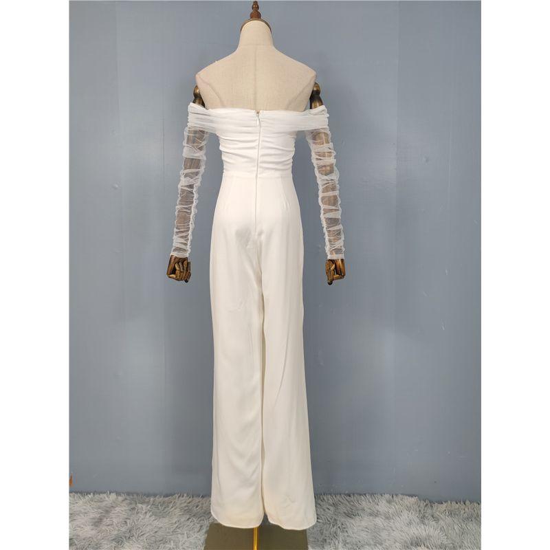 Foreign Trade Order Lu's Summer New Mesh Perspective Long Sleeve off-Shoulder Simple White Fashion Jumpsuit Women