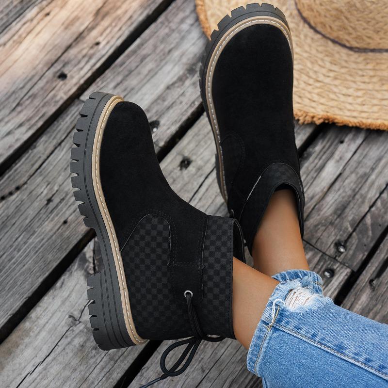 European and American  Large Size Color Matching Short Martin Boots Women's Cross-border Thick Heel Suede Rear Lace-up Thick-soled Knight Boots