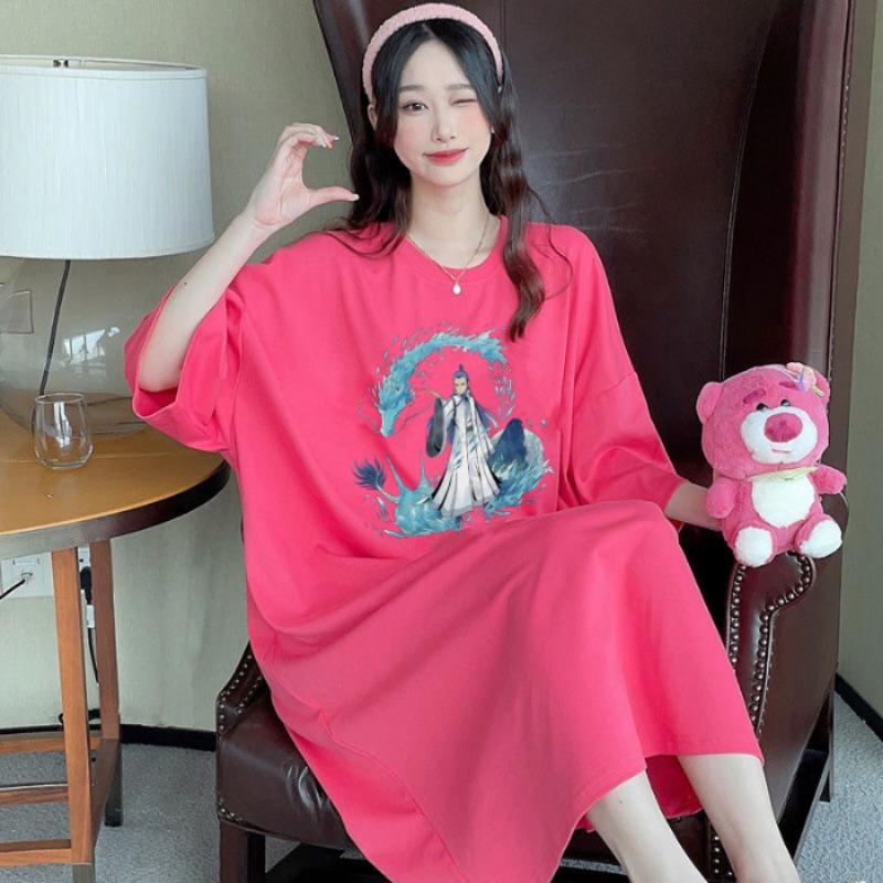 Women's Printed T-shirt Dress Short Sleeve Summer Loose Medium Length Plus Size Casual Dress