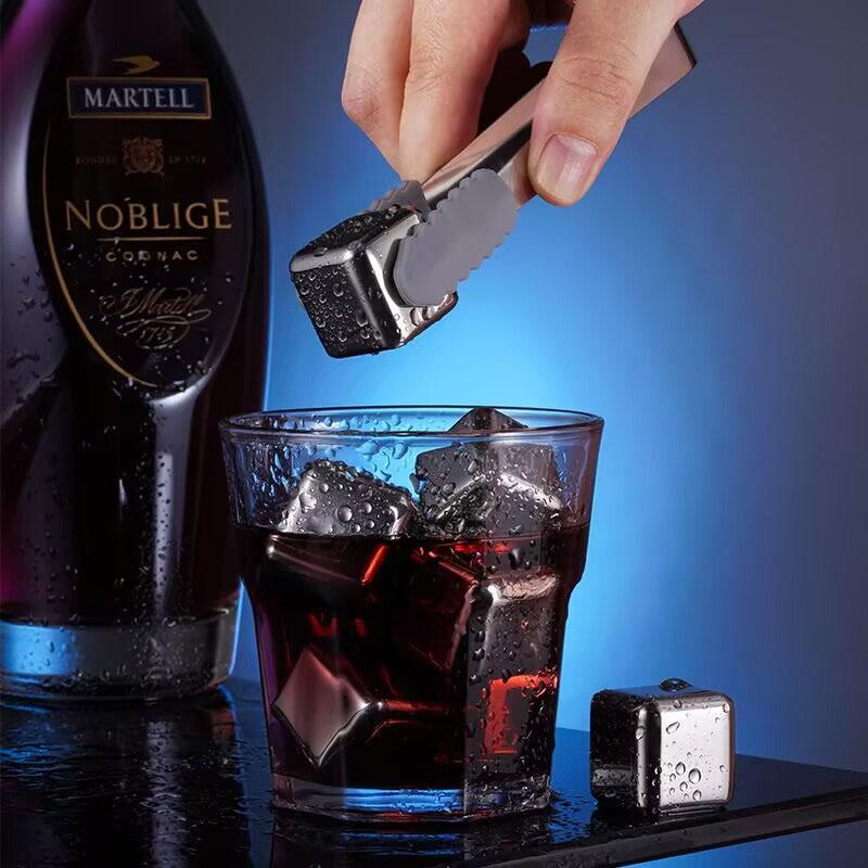 Reusable Ice Cubes Drinks Stainless Steel Whiskey Stones Cooling Metal Whiskey Rocks 6Pcs Chilling Stones for Wine Chilling Rock