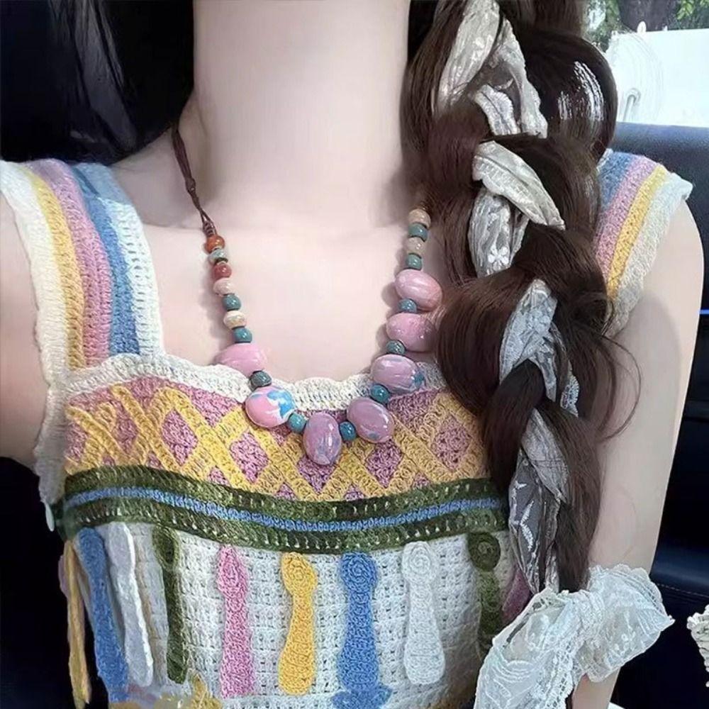 Choker Colored Beads Necklace Exaggerate Ethnic Style Necklace Bohemia Ceramic Necklace  Gift