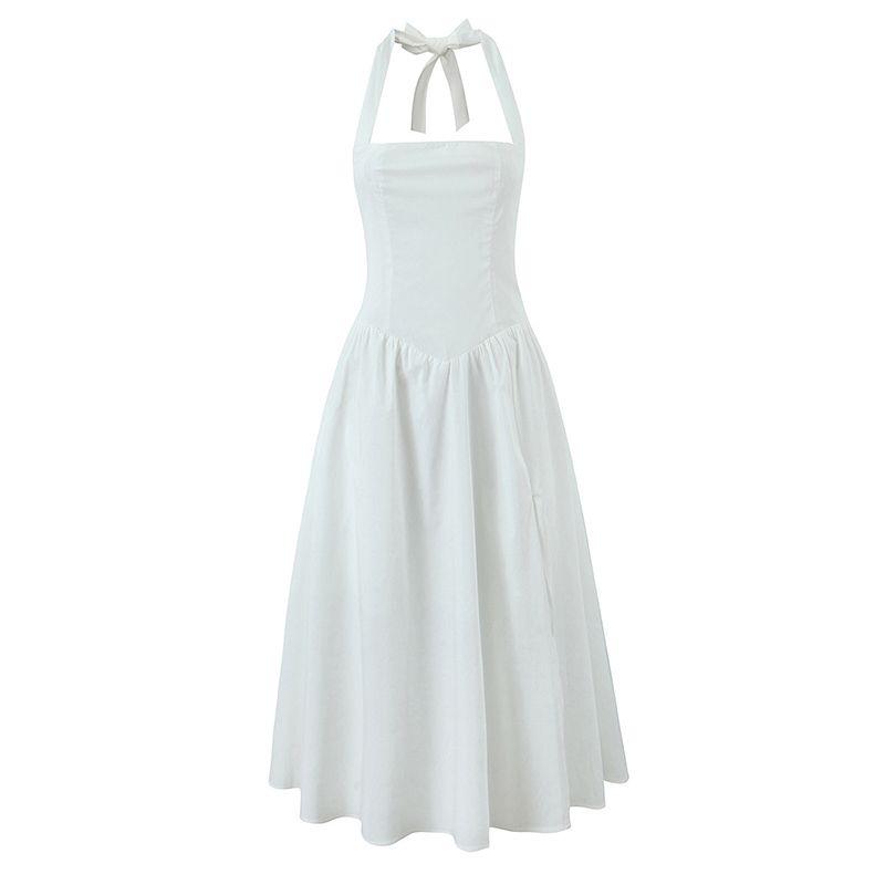 Dancer Voice French style Pure Desire White Moonlight Strap Hanging Neck Split Waist Hugging Slimming Temperament Mid-Length Dress