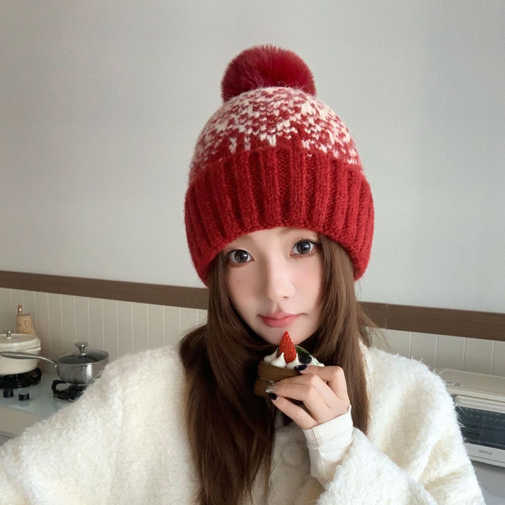 Jacquard Knitted Hat Autumn Winter Beanie Women's Hat, Outdoor Cycling Plush Lining Warm Wholesale