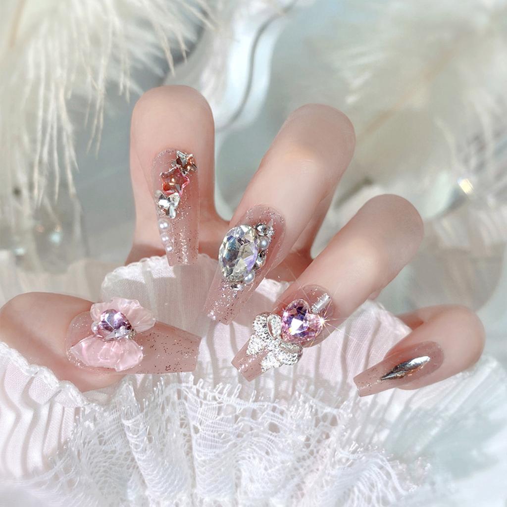 24pcs New Year Heavy Metal Press On Nails Chinese Bride Wedding Fake Nails Full Cover Wearable Shiny Large Crystal False Nails