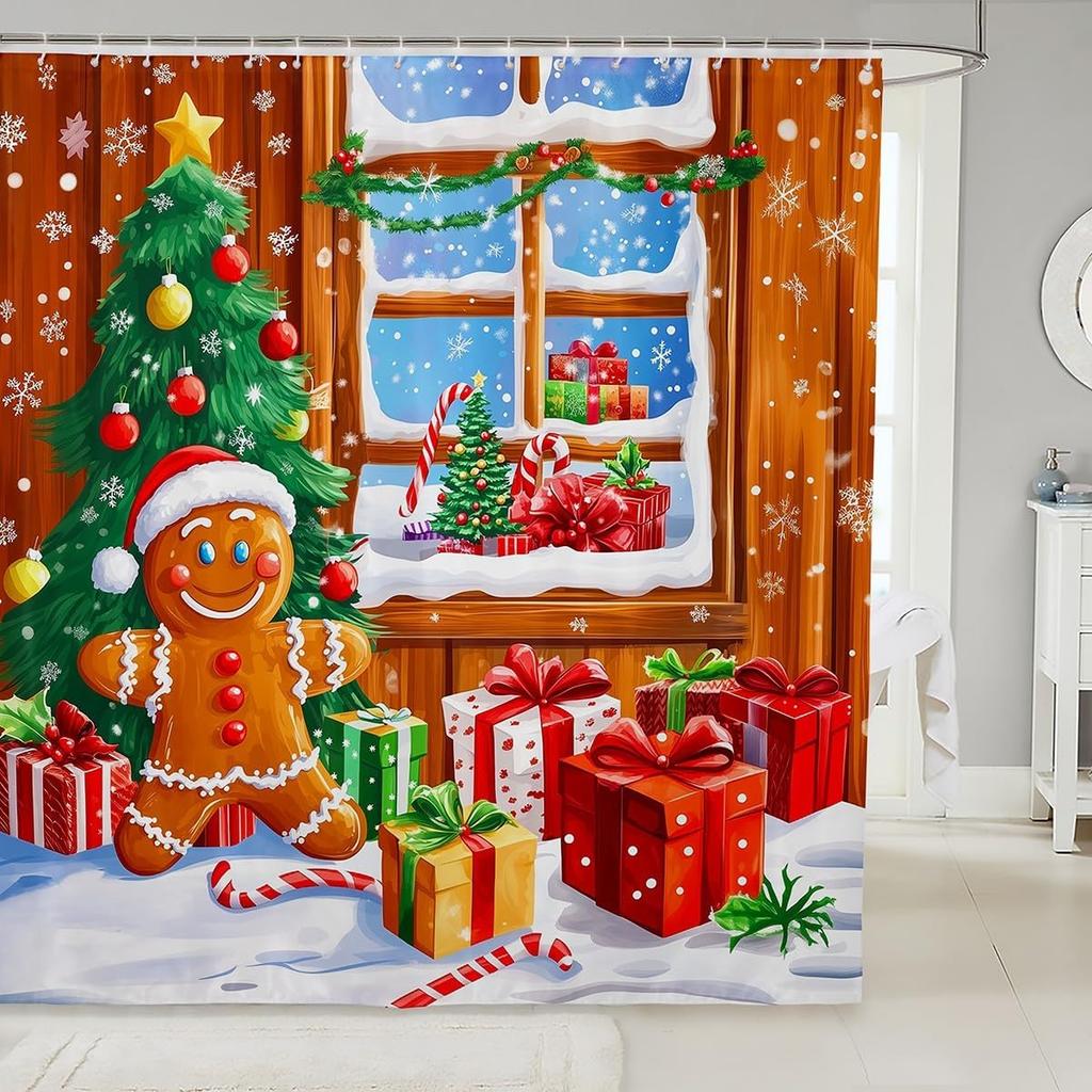 Christmas Happy Santa Claus Shower Curtain Red Xmas Decorations Fabric Shower Curtain,White Snowflake Bathroom Shower Curtain