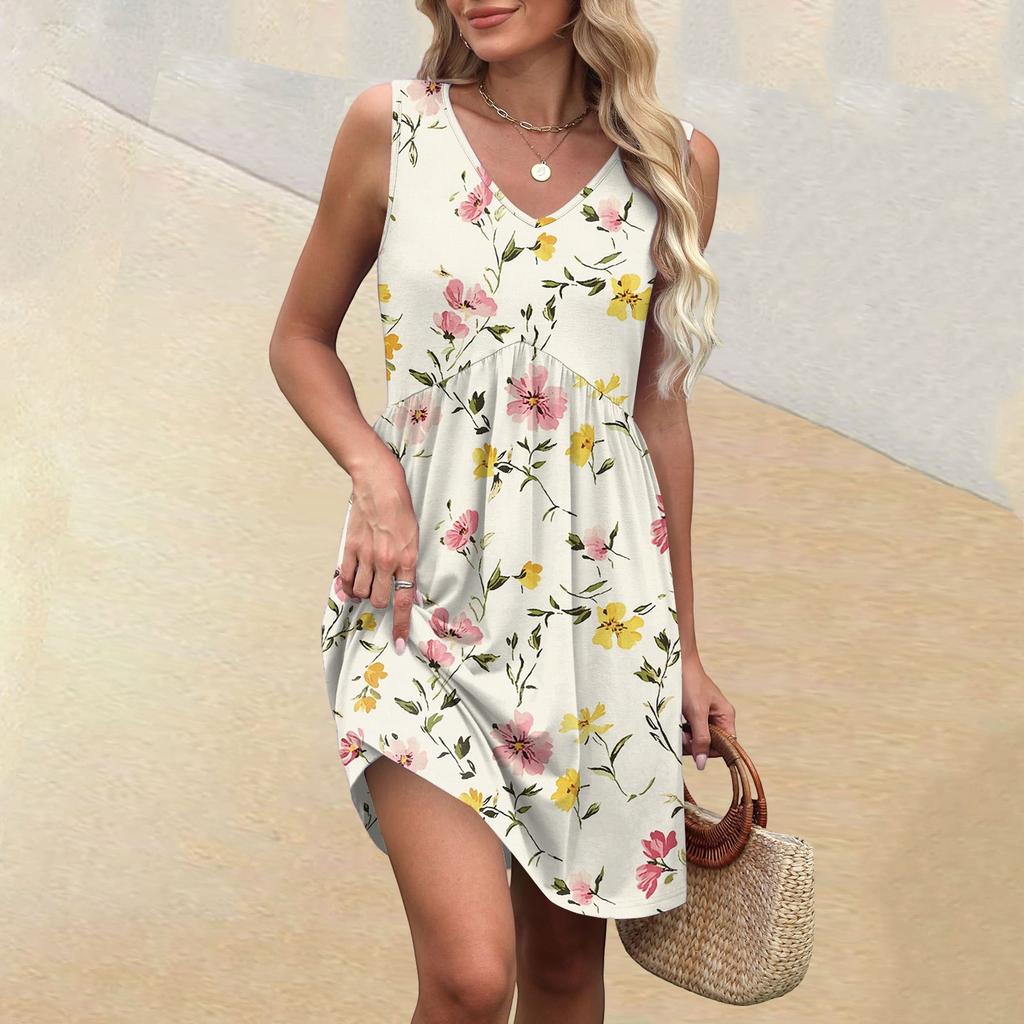 Women's Summer V-neck Casual Beach Vacation Style Vintage Floral Print Sleeveless Splicing Dresses