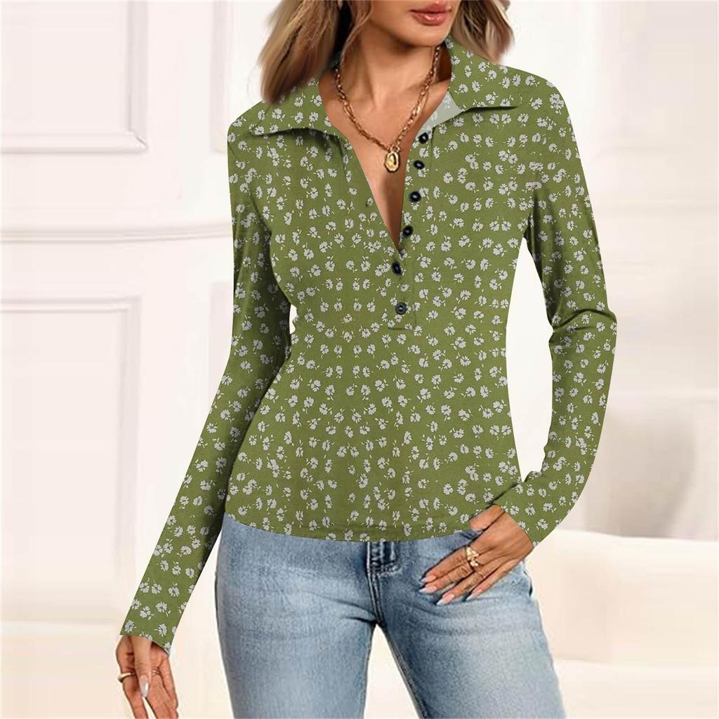 Women's Fashion Casual Printed V-Neck Long Sleeve Button-Down Top