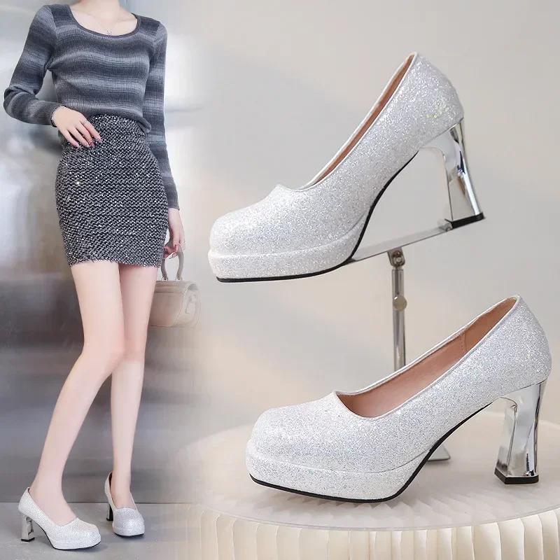 Fashion 35-44 Large Women's High Heels Platform Thick Heels Mary Jane Shoes Small Square Head Set Silver Womens Shoes