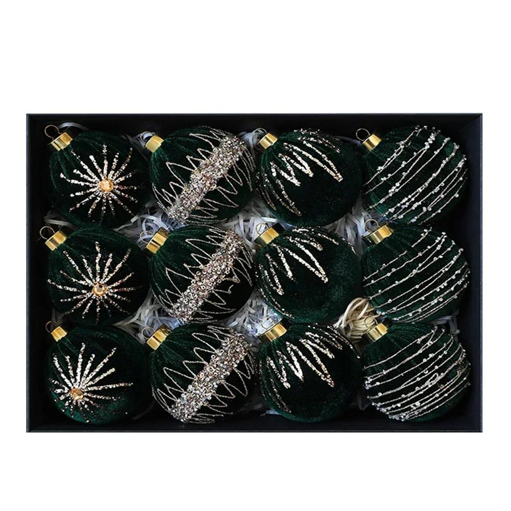 

12 Velvet Flocked Christmas Balls for Tree Ornaments 8cm Size for Holiday Decorating on Mantels Wreaths and Garlands темно-зелений колір