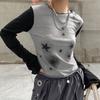 Harajuku Style Reverse Car Collar Contrasting Color Sparkling Star Print T-shirt with Personalized and Versatile Micro Flare Long Sleeved Top