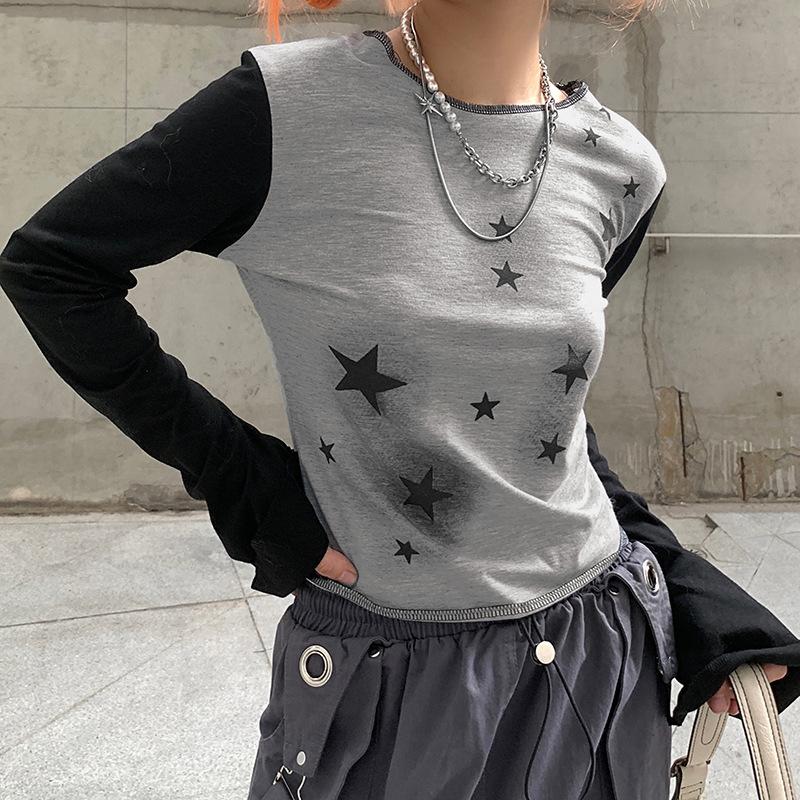 Harajuku styl reverzní auto límec kontrastní barva třpytivý hvězdný potisk tričko s personalizovaným a všestranným mikro rozšířeným topem s dlouhým rukávem