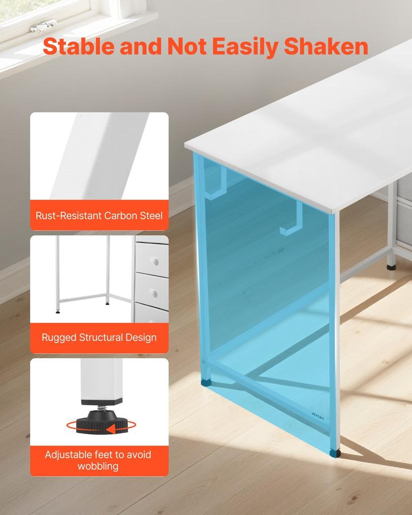 Computer Desk with Fabric Drawers, 120 Cm Reversible Study Work Writing Desk for Modern Home Office Bedroom, Simple Modern Cute PC Table Metal Frame