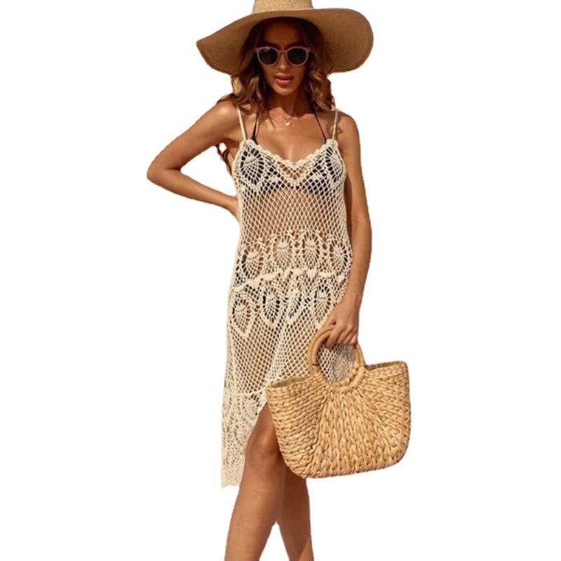 2023 European & American Lace Hollow-out Spaghetti Strap Beach Cover-up Dress - Women's Holiday Bikini Swimsuit Outerwear