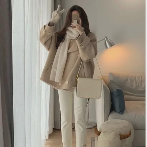 Korean Style Women's Small Winter Wool Coat with Quilted Lining - Non-Trendy