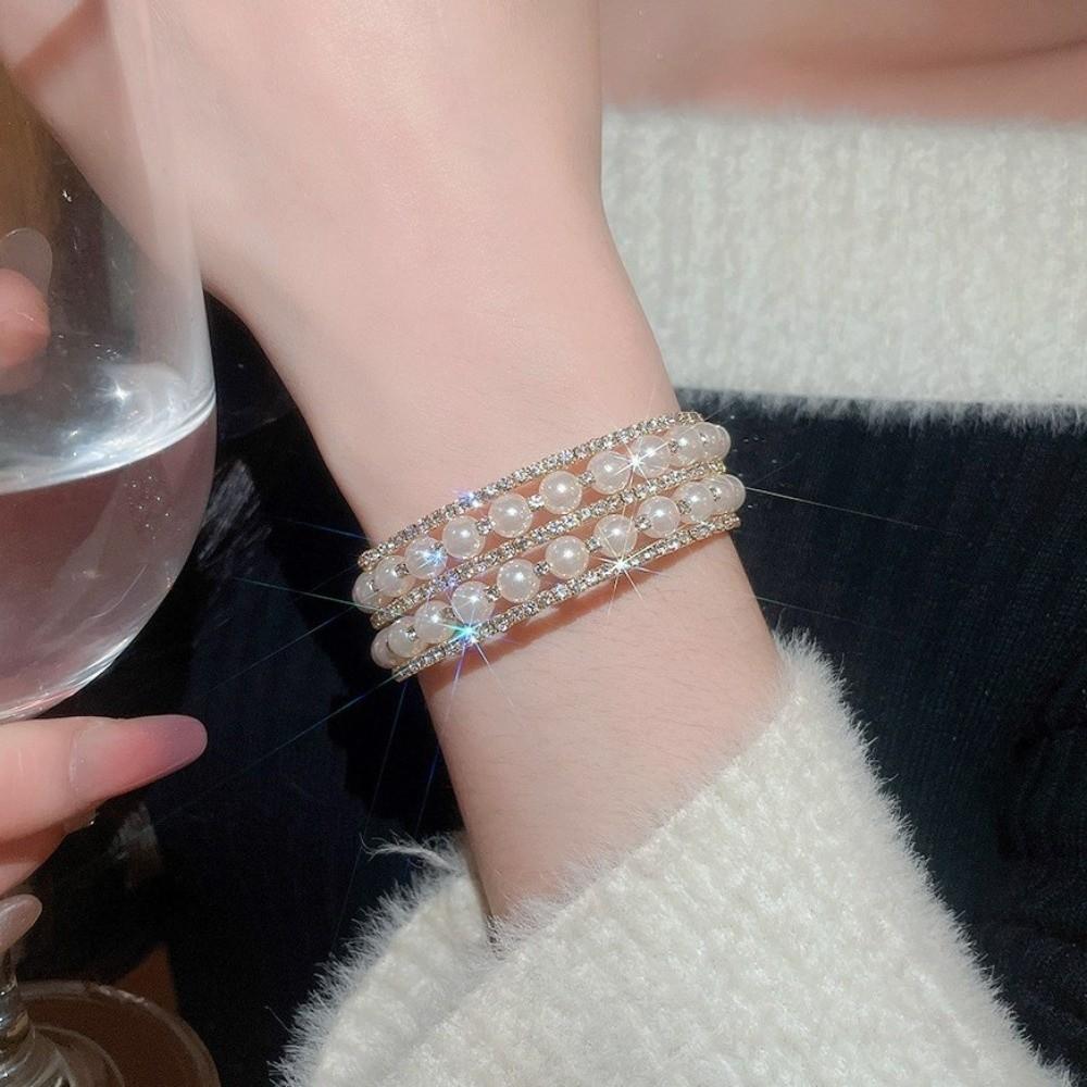 Luxury Multi layer Rhinestones Bangles Fashion Stretchable Pearl Cuff Bridal