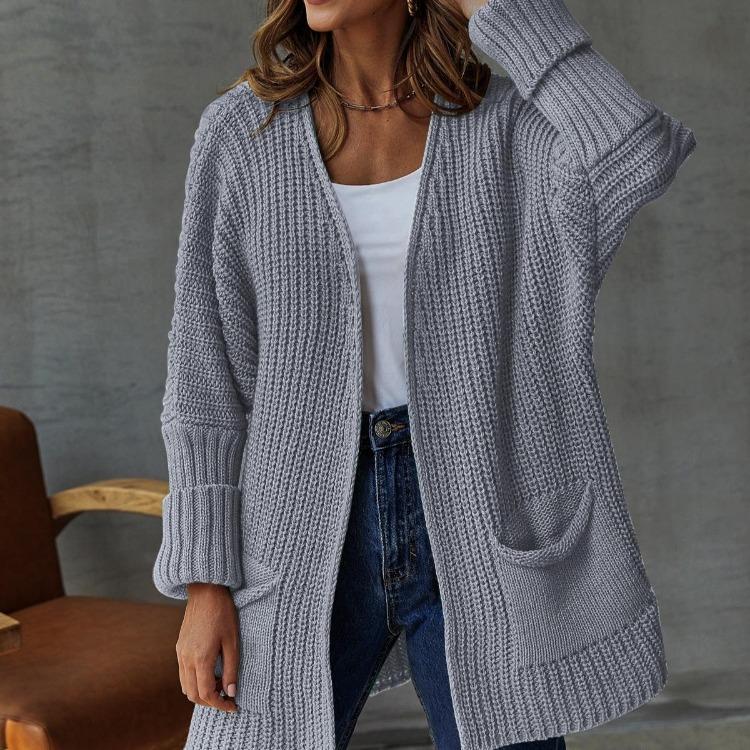 Women Fashion Soft Oversize Knit Cardigan Long Sleeve V Neck Casual Loose Mid Sweater Solid Breathable Coat with Pocket Simple Elegant
