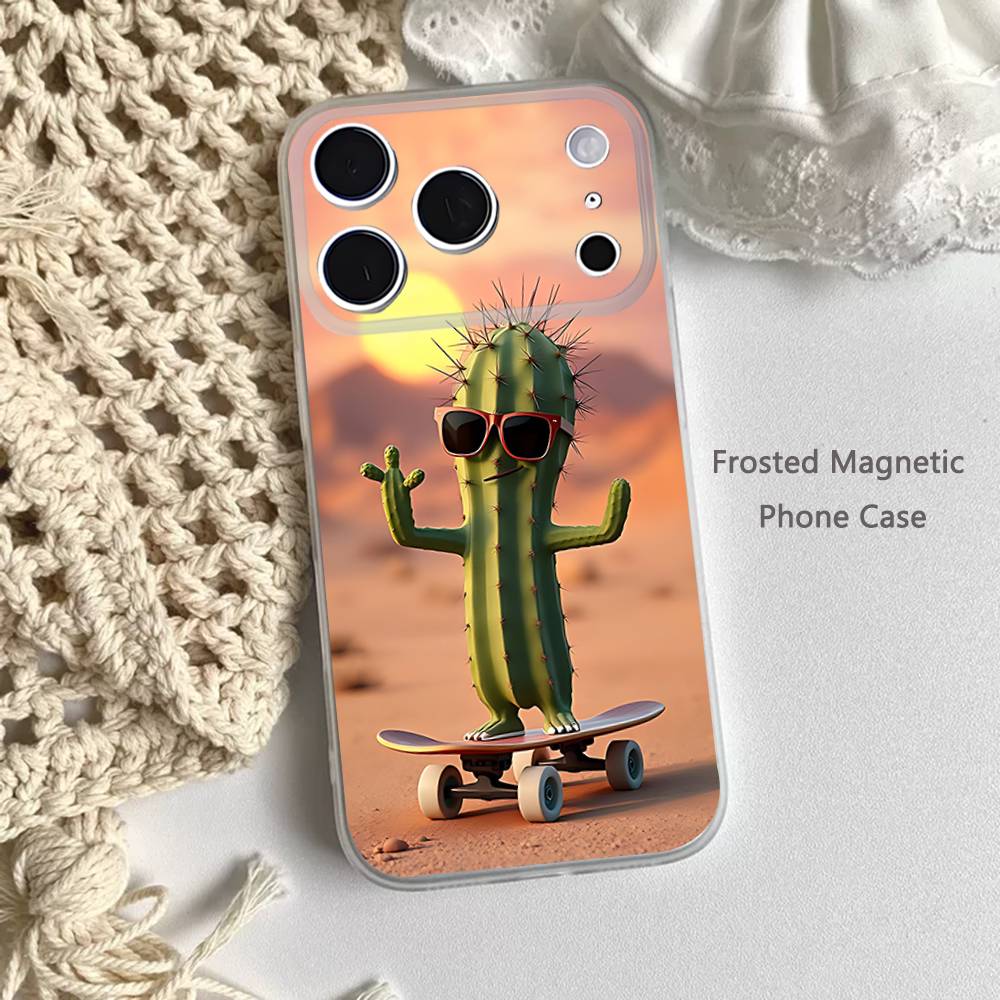 Cartoon Plant Cactus Phone Case For iPhone 14,16,12,17,13,15,11 Max,Pro,Mini,Plus,Air,E Magnetic Frosted Transparent