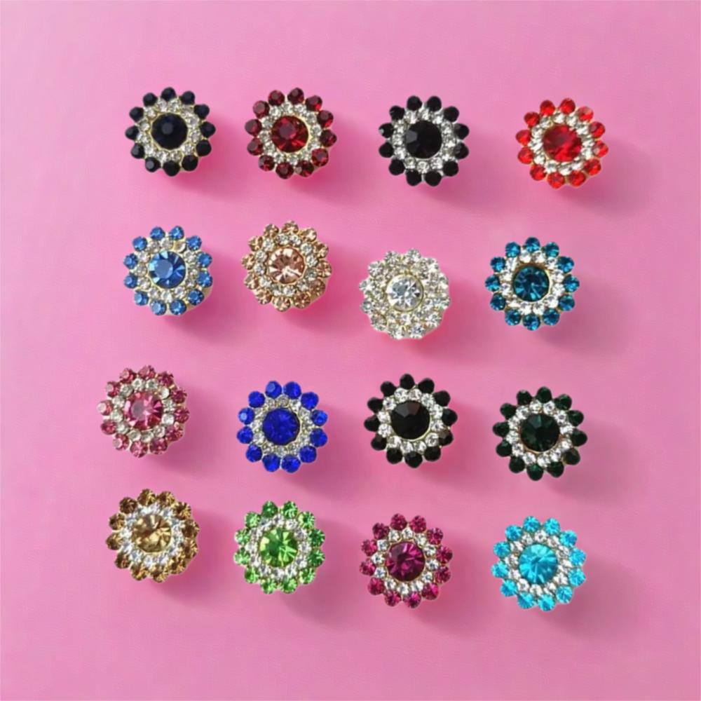 10PCS 14mm Flower-shaped Rhinestone Buttons Sparkling Crystal Glass Stone Steel Bottom Clothes Decoration Sewing Accessories
