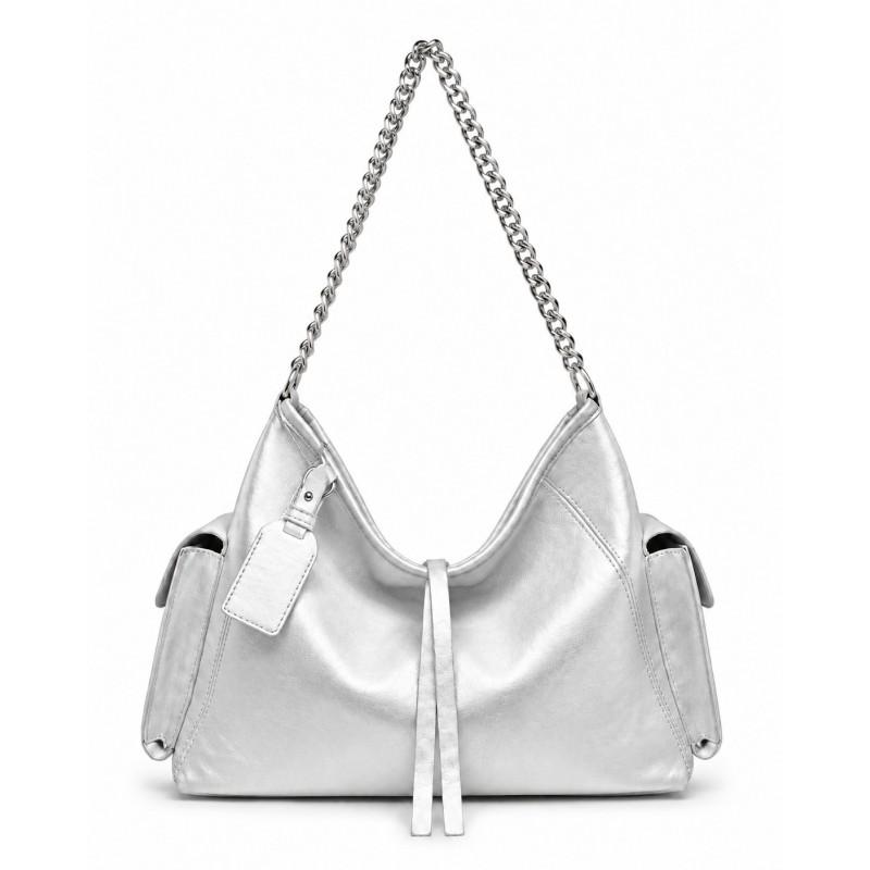 Vintage Chain Detail Moto Shoulder Bag Women Large Capacity Crossbody Soft PU Leather Streetwear Style