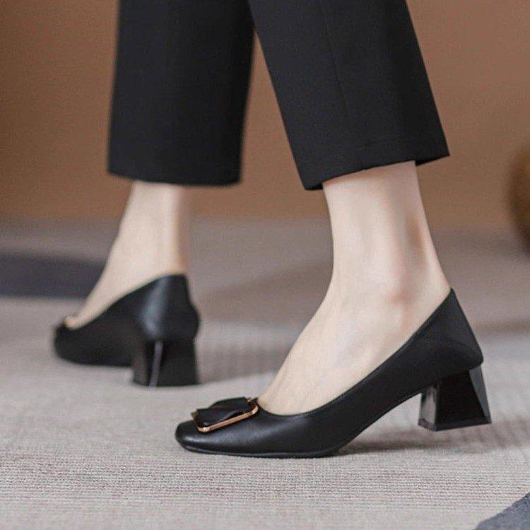 French Light Mouth Single Shoes Women's Thick Heel New Soft Leather Long Standing Is Not Tired Feet Comfortable Square Buckle Evening Breeze Gentle Sh