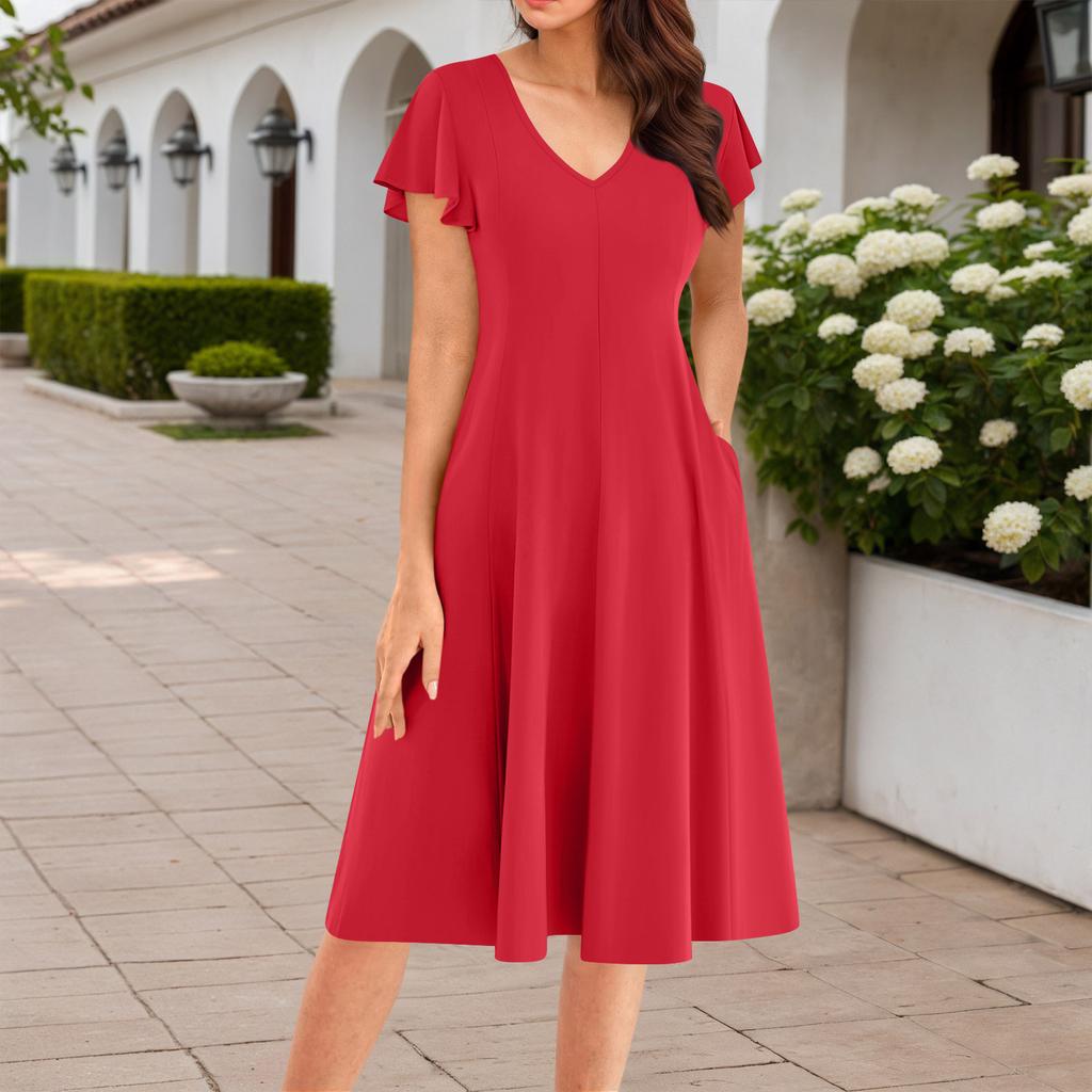 Women's Summer Fashion V-Neck Ruffle Sleeve Retro Elegant Midi Dress
