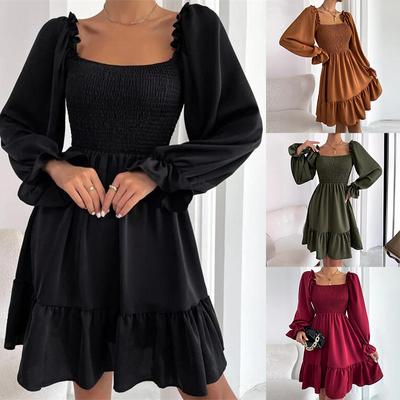 Dresses Square Collar Clothes Simple Skirt Ruffled Hem Dress Women's Fashion Vestidos Mini Sexy Dresses