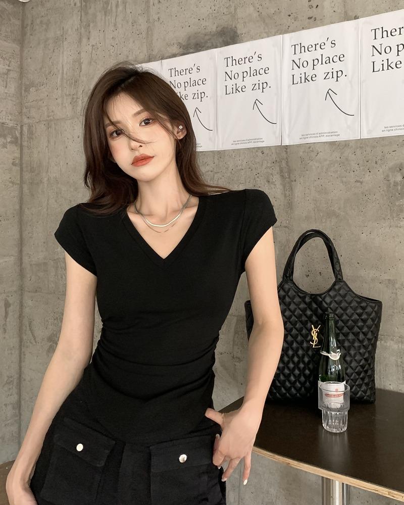 Women's Slim-Fit V-Neck Short-Sleeve Top - Elastic Waist, Round Hem, Solid Color for Summer