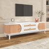 TV Cabinet - Natural Wood Blend TV Cabinet with Doors and Drawers. TV Stand with Rattan Sides. Storage Solution, Natural Country Style.