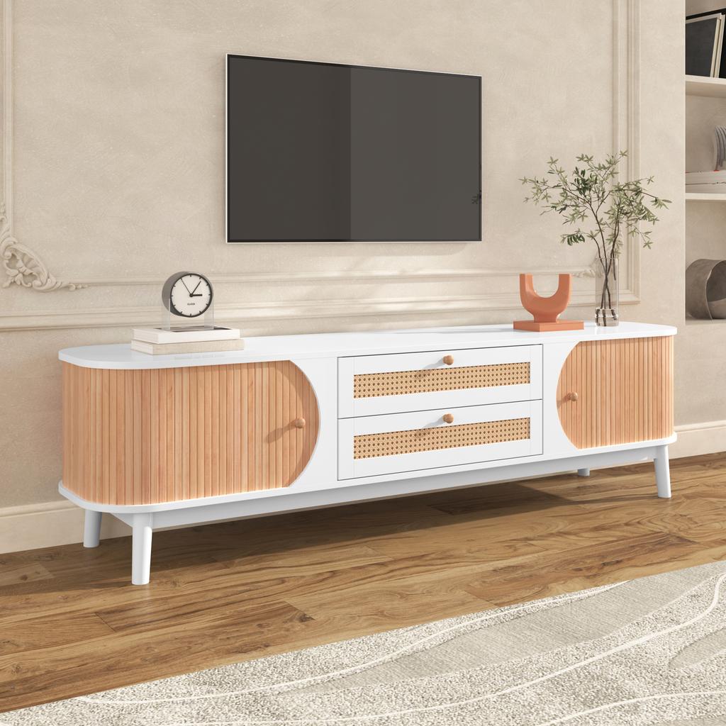 TV Cabinet - Natural Wood Blend TV Cabinet with Doors and Drawers. TV Stand with Rattan Sides. Storage Solution, Natural Country Style.