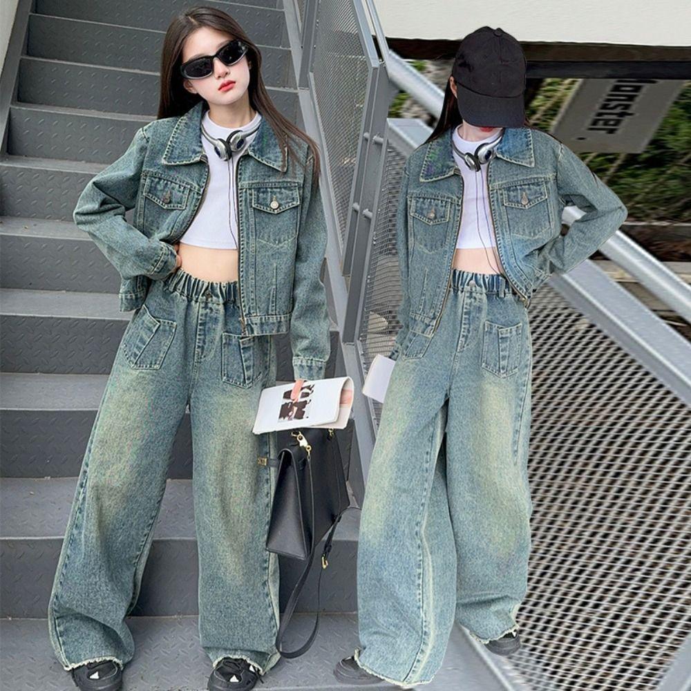 Wide Leg Pants Children Cowboy Set Loose Girls Clothes Set Fashion Jeans Jacket Suit Summer Autumn