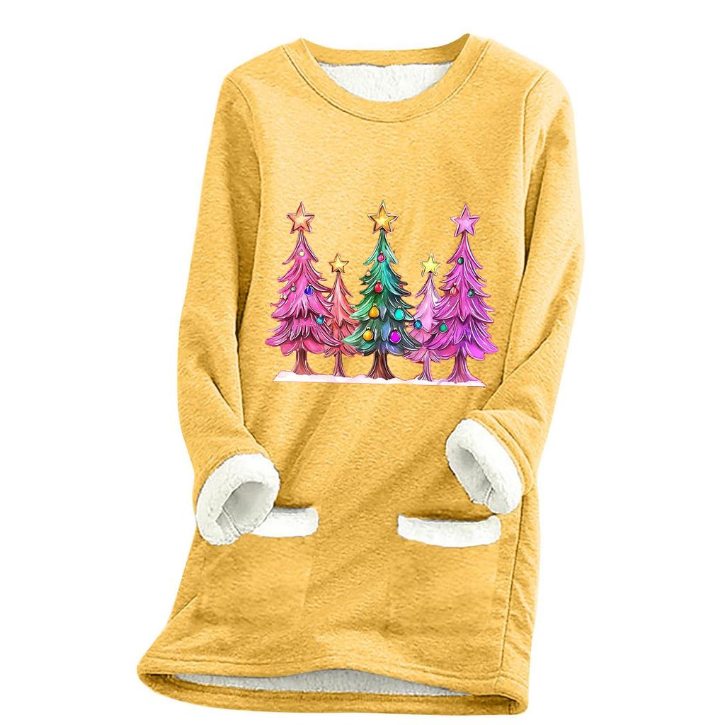 Ladies' Loose And Comfortable Round Neck Christmas Print Thick With Pockets Long Sleeved Top