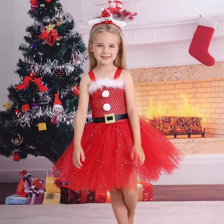 Kids Girls Christmas Santa Claus Mesh Tutu Dress Headwear Set Children Halloween Cosplay Costumes Child Pretend Princess Party Role Play Outfit