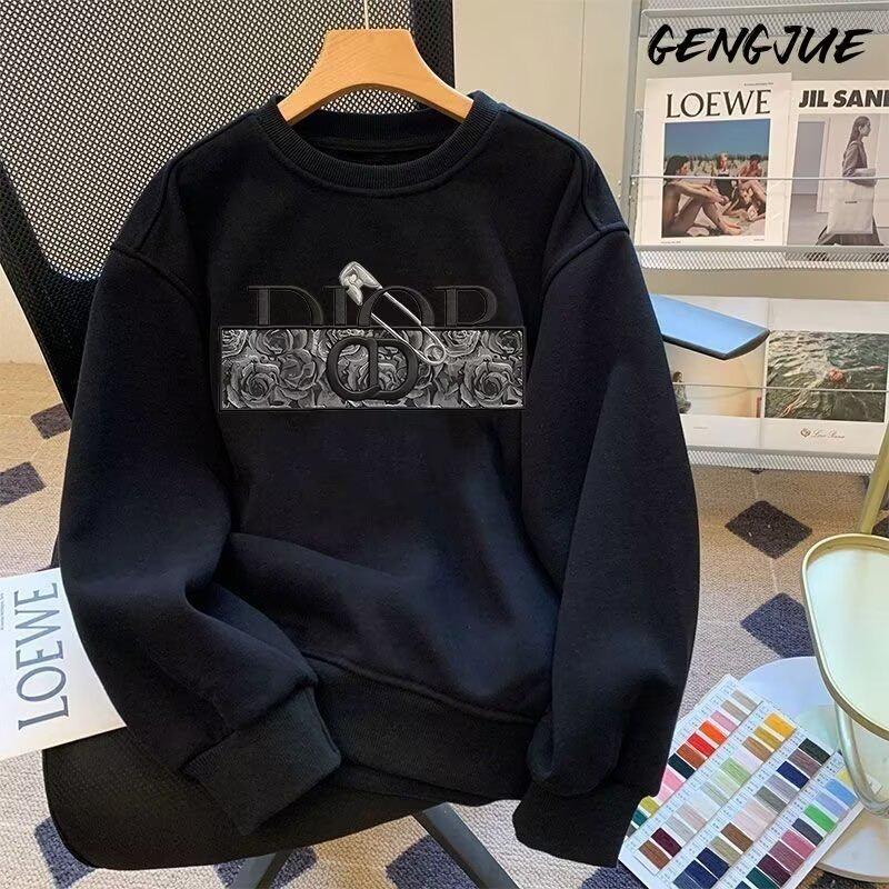 Unisex Fleece-Lined Thick Hoodie: Heavyweight Korean-Style Crewneck for Autumn & Winter