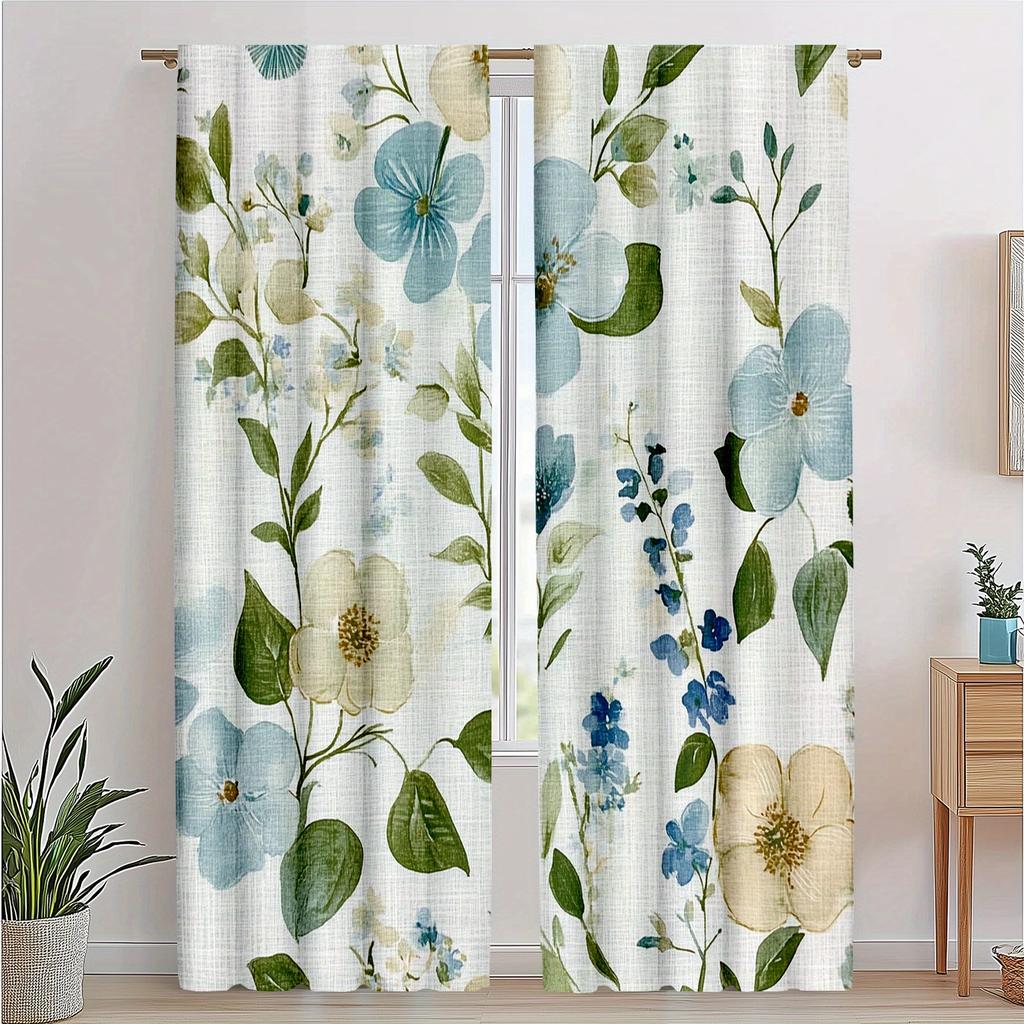 Green Leaf Blue Flower Print Curtains Suitable Living Room Bedroom Decoration Polyester Fabric Made Of Machine Washable Area Window Treatment