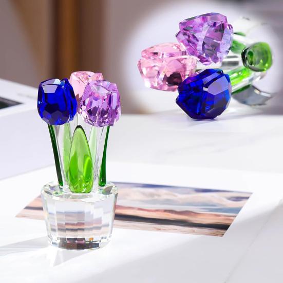 Faux Crystal Tulip Figurine Collectible Clear Tulip Flower Ornament Glass Flower Bouquet Gifts for Valentine's Day Birthday Women Girlfriend Wife