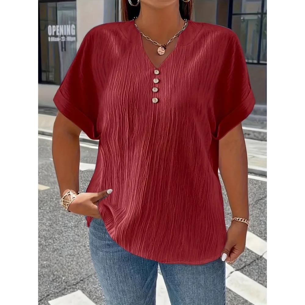 Elegant Casual T-Shirt - Women's Plus Size - Plus Size - New European and American - Spring/Summer Short Sleeve - Button Solid Color