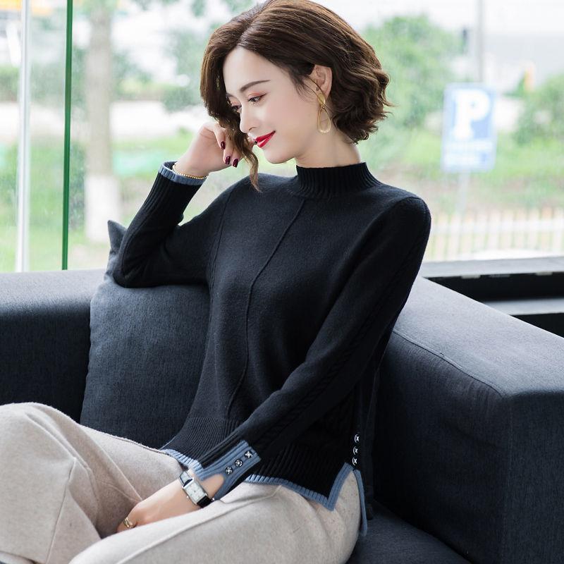Autumn and Winter Women's Sweater Mid Neck Women's Cinched Waist Knitted Sweater