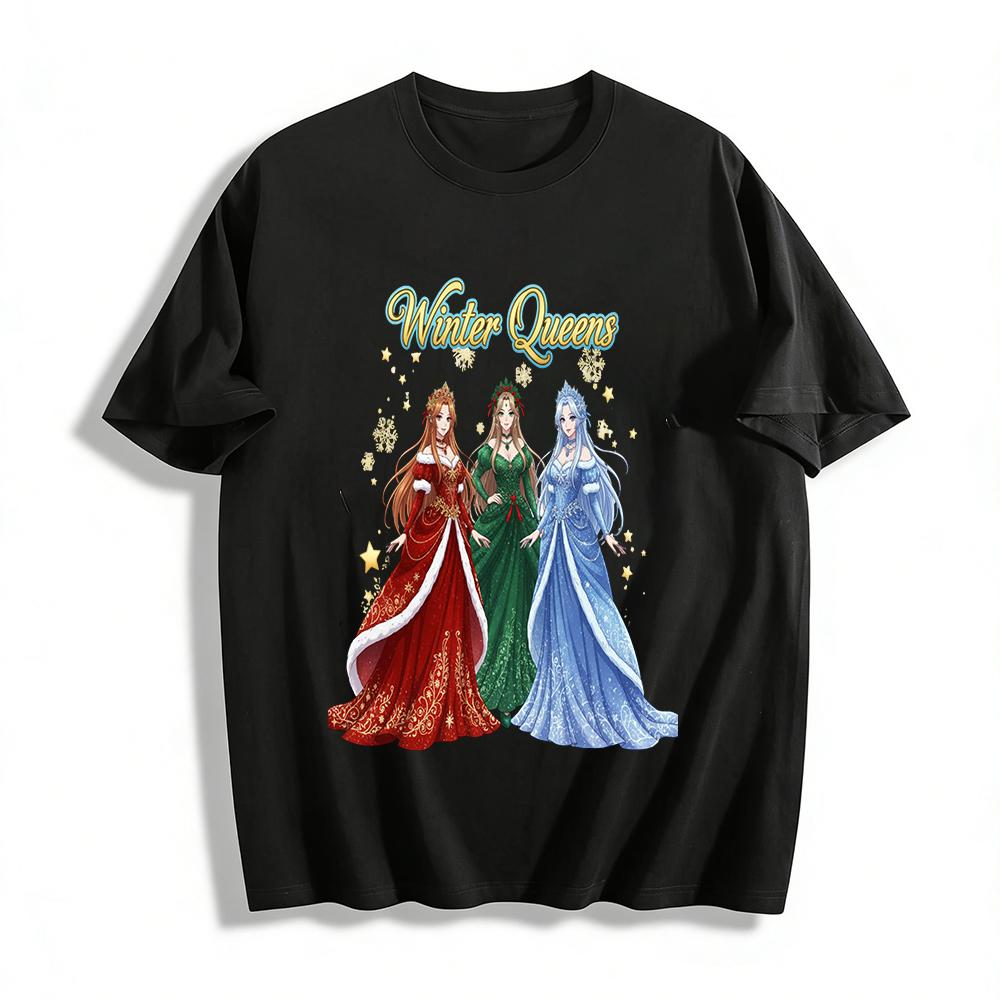 Winter Queens Print Casual Top Christmas Themed Long Sleeve Tee For Women Holiday Party Wear Pure cotton T-shirt XXS