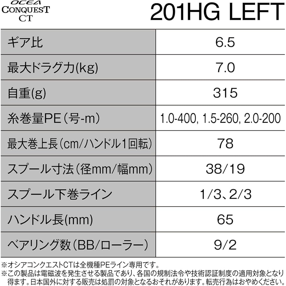 Shimano Ocea Conquest CT 201HG Left Hand Baitcasting Reel 7.1:1 Gear Ratio Lightweight Design