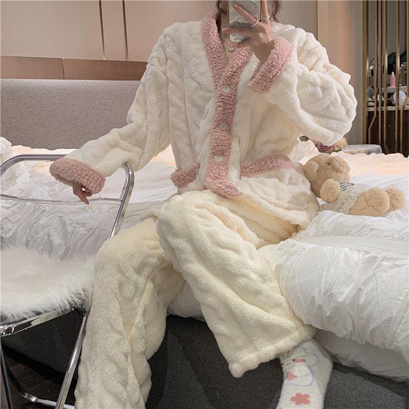 Korean Style Women's Coral Fleece Pajamas - Thick Velvet Flannel Home Suit