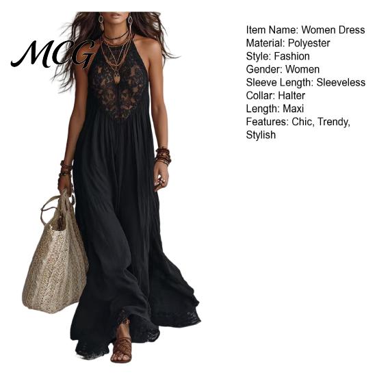 Pleated Skirt Women Women's Sheer Lace Halter Maxi Dress, Sleeveless Floral Off Shoulder Dress Patchwork A-line Long Summer Vacation Flowy Sundress