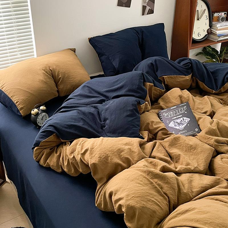 Super Soft Bed 4Pcs Set, Pure Washed Cotton Quilt Cover, Bed Sheet Full Quilt Cover, Bed Hat Student Three 4-Piece Set